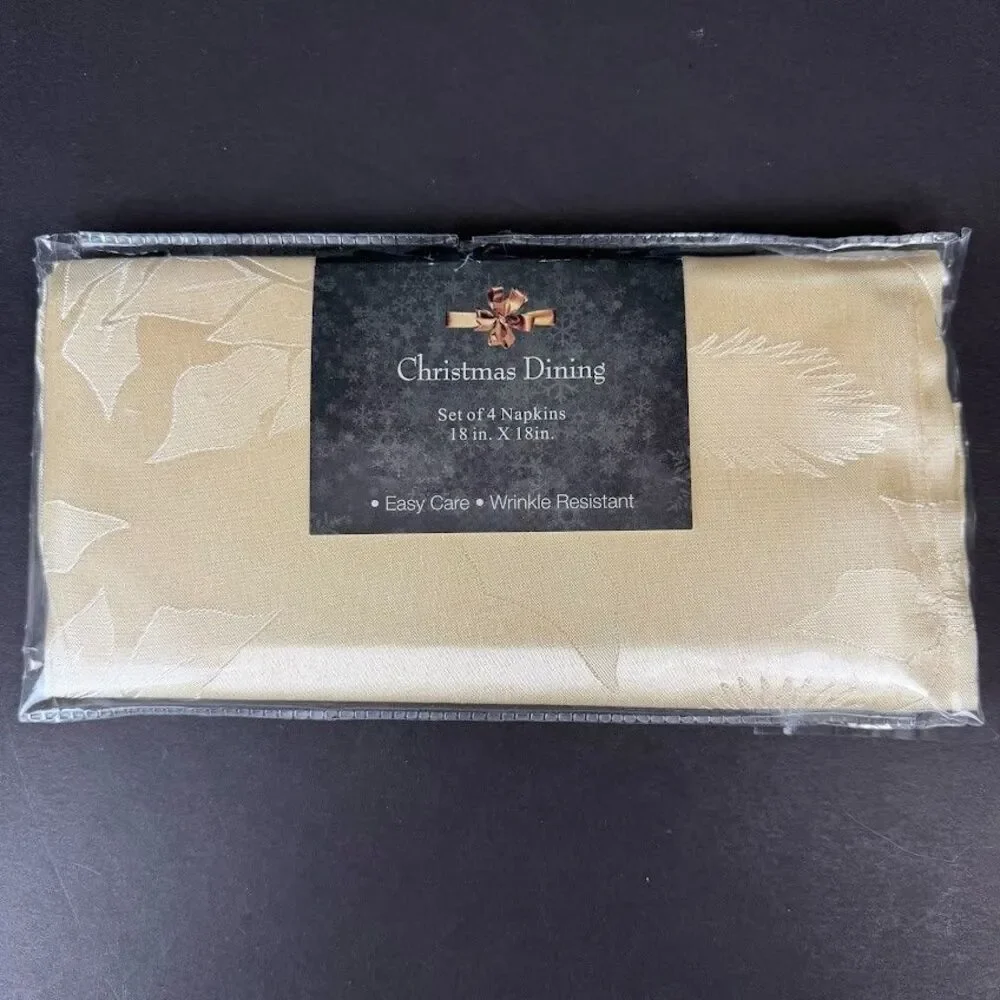Set of 4 Gold/Champagne Jacquard Damask Poinsettia Christmas Cloth Napkins NOS